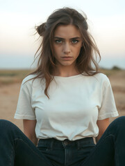 Fototapeta premium A woman with long brown hair is sitting in the desert wearing a white shirt