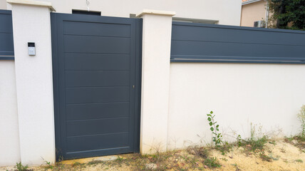 door pedestrian grey metal home gate at entrance of house garden