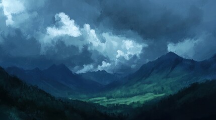 A storm brewing as thunderclouds roll over the mountains, with the sky darkening quickly.