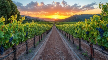 Fototapeta premium Scenic vineyard at sunset with lush grapevines and mountains.