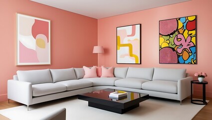 Modern Living Room Interior with Bold Abstract Wall Art. The interior of a modern living room