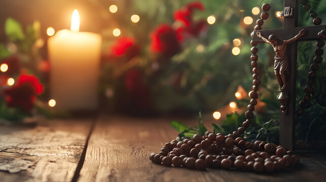 old Rosary beads on wooden table against bokeh light, candle, rose foliage with copy space for all saints' day background banner.