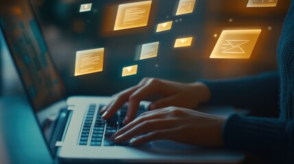Woman Typing on Laptop with Email Icons