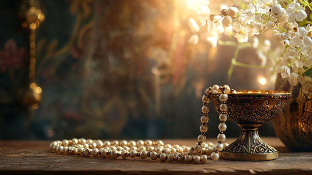 Rosary beads and chalice on wooden table against foliage and light with copy space for all saints' day background banner.