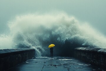 A lone figure stands on a pier, holding a yellow umbrella, as a massive wave crashes behind them, creating a dramatic and powerful scene.