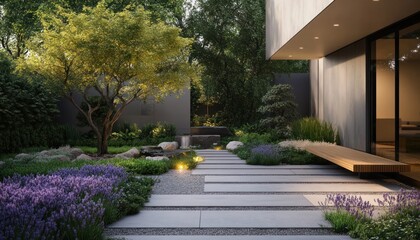 Fototapeta premium Minimalist garden with concrete path, pathway, shrubs, Japanese maple, bench, and fountain 1. Generative AI