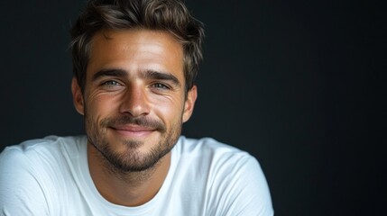 Fototapeta premium A man with a white shirt and a beard is smiling