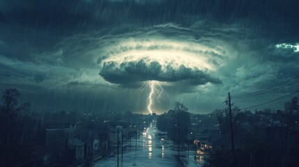 A thundercloud over a small town, with rain falling heavily and streets starting to flood.