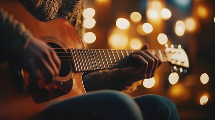 Fototapeta premium Emotional Songwriter Performs Intimate Guitar Session in Dimly Lit Cozy Studio
