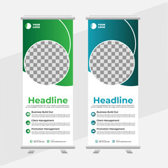 Creative business agency stands roll up banner design template layout, for exhibition with Two colors. abstract background, vertical, x-banner, display, rectangle size. Editable vector template