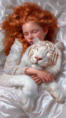 Fototapeta premium Girl sleeping with white tiger on satin bed in peaceful setting.