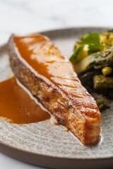 Delicious Salmon with Sauce, Broccoli, and Bean Side
