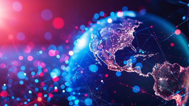 Global network connection with world map points in 3d rendering – Digital data transfer and global connectivity representation for technology and communication concepts