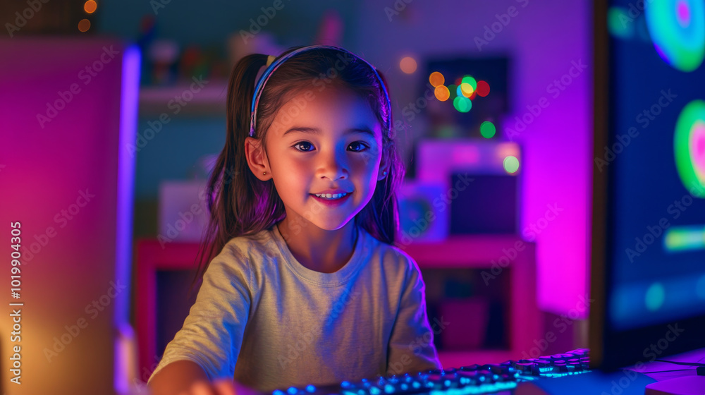 Poster neon kids can learn to code on computers, tablets, or phones. they can create games using programmin
