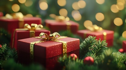 Elegant Christmas Arrangement Featuring Red Gift, Golden Ribbons, and Festive Greenery for a Luxurious Holiday Ambiance