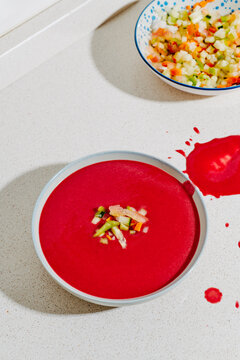 beetroot gazpacho with brunoise cut vegetables