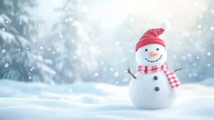 Fototapeta premium Panoramic view of a cheerful snowman in a serene winter landscape with ample copy space for text or design elements