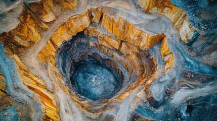 Deep Earth Pit - Aerial View of Open Quarry with Terraced Layers