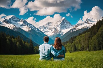 Naklejka premium A couple sits closely together, admiring the majestic view of snow-capped mountains