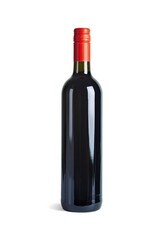 A bottle of dark-colored liquid, possibly wine, with a red screw cap
