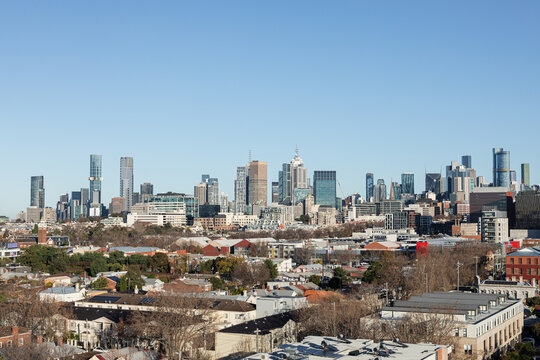 Panoramic view of Melbourne Australia skyline on a clear day.