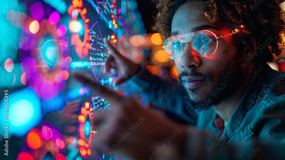 Poster a man wearing glasses points at a screen with a colorful background