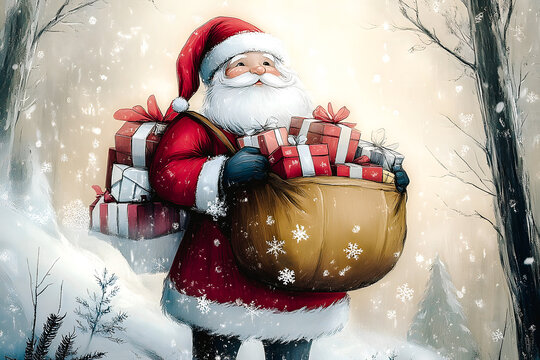 P&egrave;re No&euml;l portant une hotte de cadeau, illustration