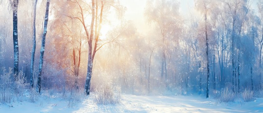 Panoramic winter forest landscape with sunlight: bright and serene nature scene in snowy woods