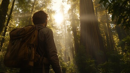 Adventurer in Sunlit Forest Glade