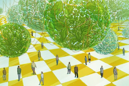 A space with grass in glass spheres and walking people 