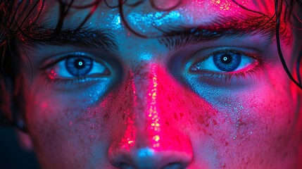Naklejka premium A close-up of a young man's face, eyes reflecting the bright glow of neon signs, with pink and blue tones adding an edgy and modern look