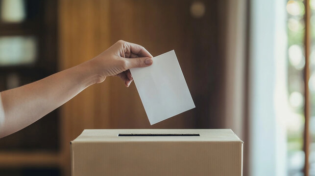 A focused hand places a voting ballot into a ballot box, symbolizing civic duty and participation in democracy, set against a blurred background that emphasizes the importance of the act