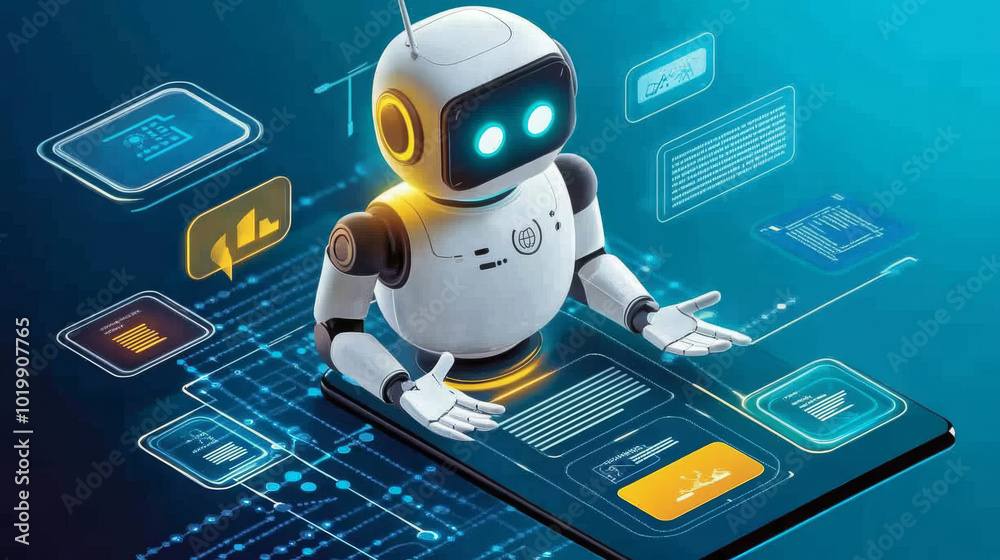 Poster an ai chatbot, like a robot or cyborg, can talk to you through messaging apps. it's like having a he