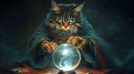 Mystical Feline Diviner Floating Above Glowing Crystal Ball in Enchanting Occult Chiaroscuro Scene