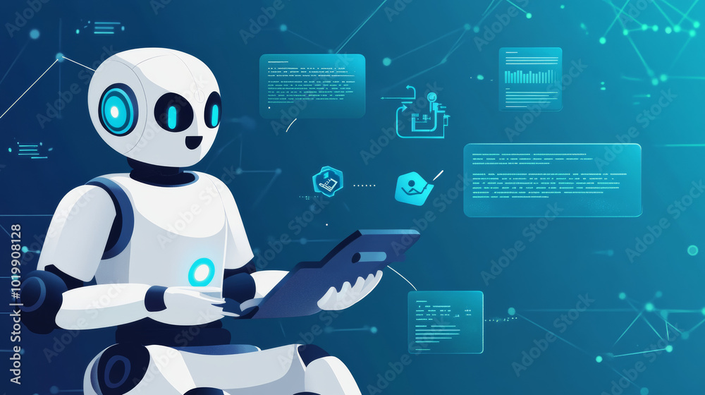 Poster an ai chatbot, like a robot or cyborg, can talk to you through messaging apps. it's like having a he