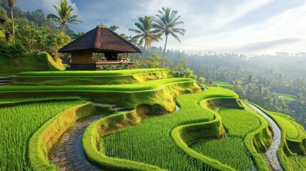 Obraz premium A traditional thatched hut sits atop lush green rice terraces in a stunning mountain landscape.
