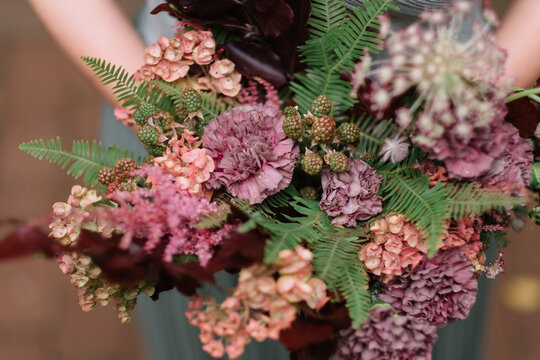 Close-up shot of floral bouquet with mixed flowers.