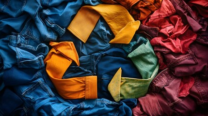 The iconic recycle symbol constructed from neatly folded shirts, pants, and dresses, showcasing an eco-friendly approach to fashion