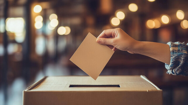 A focused hand places a voting ballot into a ballot box, symbolizing civic duty and participation in democracy, set against a blurred background that emphasizes the importance of the act