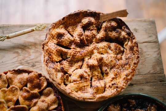 Golden lattice apple pie with delicious, flaky crust top.