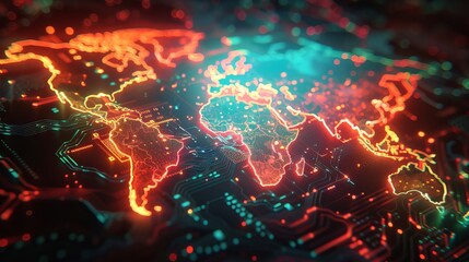Futuristic 3d abstract world map highlighting globalization and geopolitics with high-tech communications and neon vibrant colors