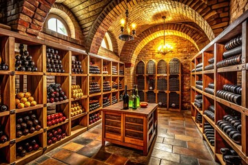 Obraz premium Rustic Wine Cellar Featuring Exposed Brick Walls and Wooden Shelves for Wine Bottle Storage