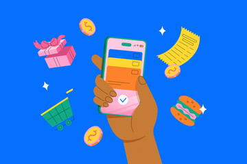 Hand Holding Smartphone with Shopping and Finance Icons