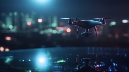 Drone flying over city at night