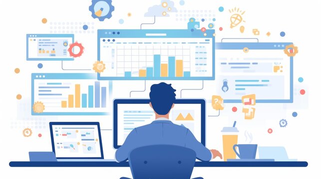 Data analyst in a modern office environment working at a desk with multiple screens displaying charts and a digital dashboard, symbolizing data-centric tasks.