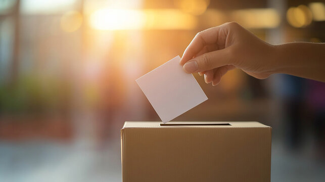 A focused hand places a voting ballot into a ballot box, symbolizing civic duty and participation in democracy, set against a blurred background that emphasizes the importance of the act