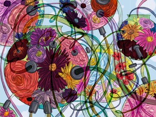 Flowers in glass spheres that are connected by cables, tubes and hoses