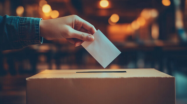 A focused hand places a voting ballot into a ballot box, symbolizing civic duty and participation in democracy, set against a blurred background that emphasizes the importance of the act
