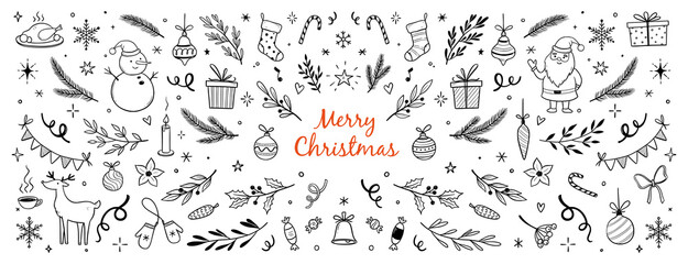 Christmas drawn xmas tree, leaf, holly flower background. Hand drawn doodle sketch holly floral, christmas tree leaves, winter pine. Holiday ornament, rustic wreath sketch doodle. Vector illustration