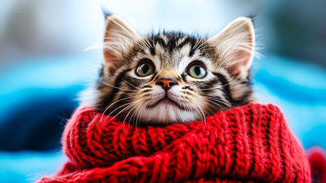 Chat portant un pull rouge a col roul&eacute; en hiver